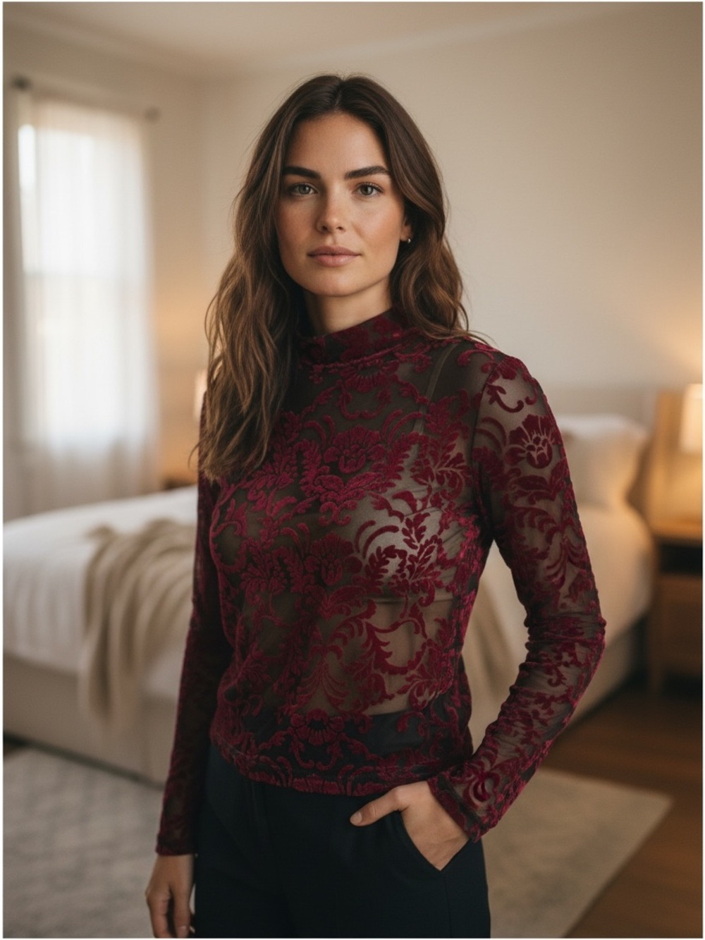 BKE Black Top with Burgundy Velvet Burnout Crop M